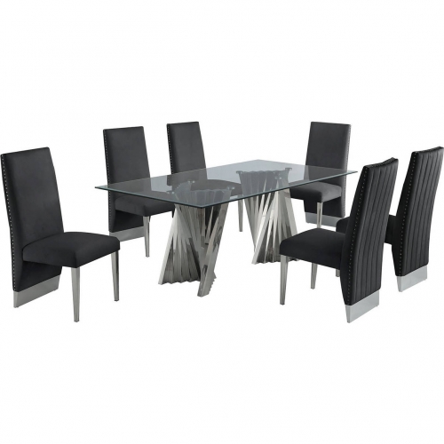 D01 7 Piece Dining Set in Tempered Glass, Silver Chrome & Black Velvet