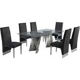 D01 7 Piece Dining Set in Tempered Glass, Silver Chrome & Black Velvet