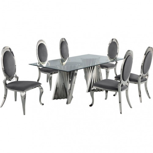 D01 7 Piece Dining Set in Tempered Glass, Silver Stainless & Oval Gray Velvet