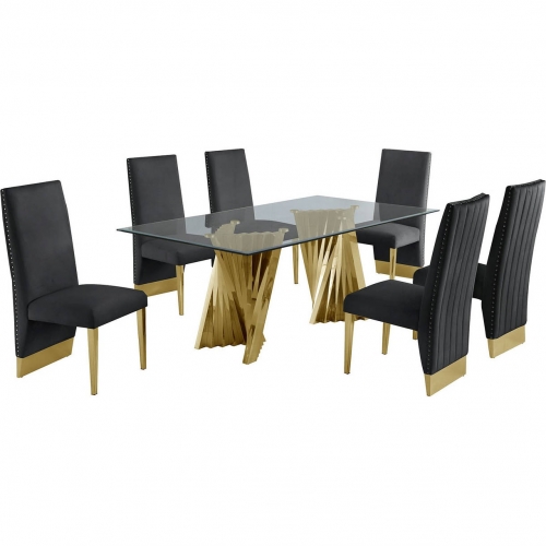 D02 7 Piece Dining Set in Tempered Glass, Gold Chrome & Black Velvet