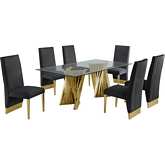 D02 7 Piece Dining Set in Tempered Glass, Gold Chrome & Black Velvet