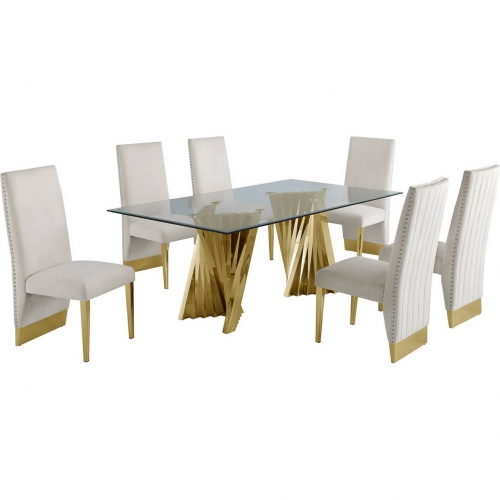 D02 7 Piece Dining Set in Tempered Glass, Gold Chrome & Cream Velvet