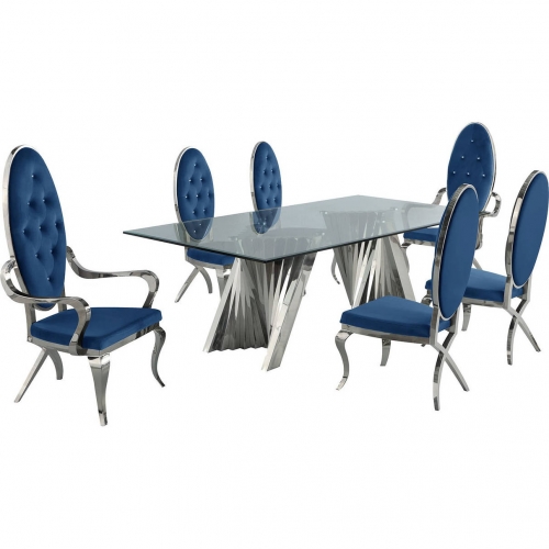 D03 7 Piece Dining Set in Tempered Glass, Stainless Steel & Navy Velvet