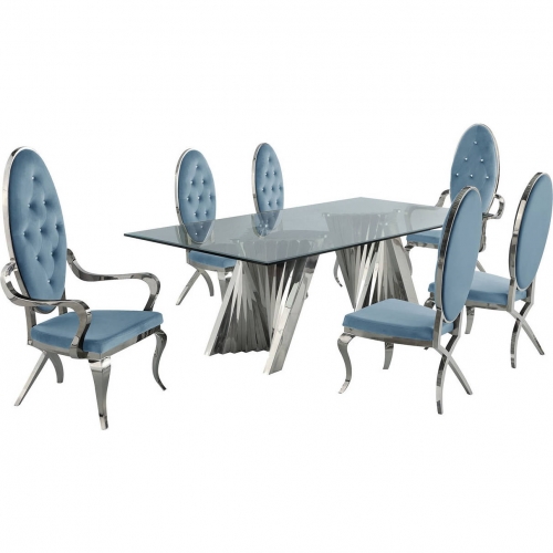 D03 7 Piece Dining Set in Tempered Glass, Stainless Steel & Teal Velvet