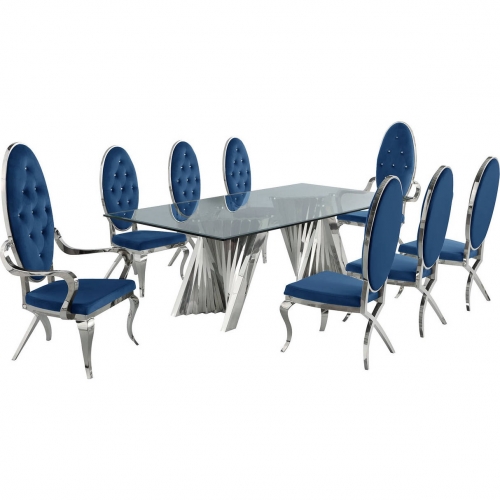 D03 9 Piece Dining Set in Tempered Glass, Stainless Steel & Navy Velvet