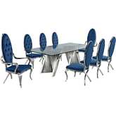 D03 9 Piece Dining Set in Tempered Glass, Stainless Steel & Navy Velvet