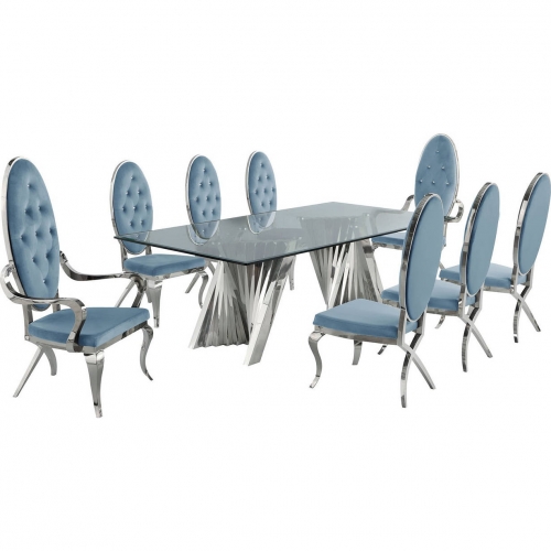 D03 9 Piece Dining Set in Tempered Glass, Stainless Steel & Teal Velvet