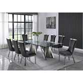 D03 9 Piece Dining Set in Tempered Glass, Silver Stainless Steel & Dark Gray Velvet