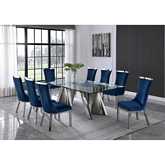 D03 9 Piece Dining Set in Tempered Glass, Silver Stainless Steel & Navy Blue Velvet