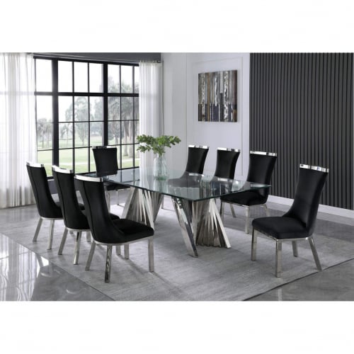 D03 9 Piece Dining Set in Tempered Glass, Silver Stainless Steel & Black Velvet