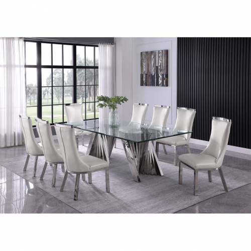 D03 9 Piece Dining Set in Tempered Glass, Silver Stainless Steel & White Faux Leather