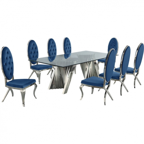 D03 9 Piece Dining Set in Tempered Glass, Silver Stainless & Navy Velvet