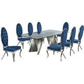 D03 9 Piece Dining Set in Tempered Glass, Silver Stainless & Navy Velvet