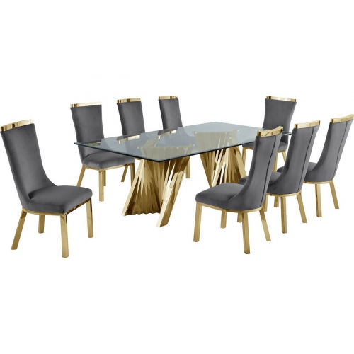 D04 9 Piece Dining Set in Tempered Glass, Gold Stainless Steel & Dark Gray Velvet