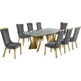 D04 9 Piece Dining Set in Tempered Glass, Gold Stainless Steel & Dark Gray Velvet