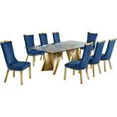 D04 9 Piece Dining Set in Tempered Glass, Gold Stainless Steel & Navy Blue Velvet