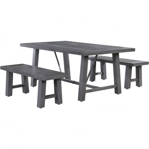 D1000 Outdoor 3 Piece Dining Set w/ Benches in Grey Polywood & Aluminum