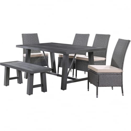 D1000 Outdoor 5 Piece Dining Set in Polywood, Aluminum, PE Rattan Wicker & Fabric