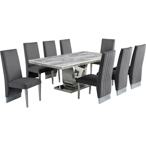 D13 9 Piece Dining in White Marble, Stainless Steel & Gray Velvet