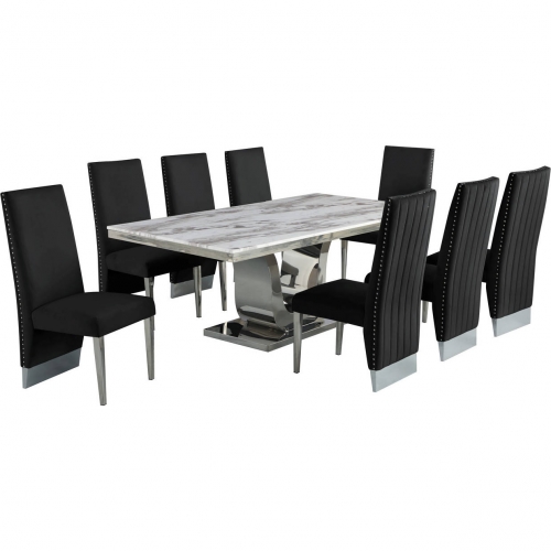 D13 9 Piece Dining in White Marble, Stainless Steel & Black Velvet