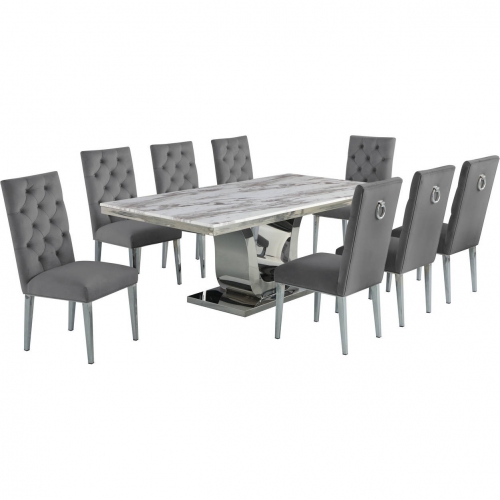 D13 9 Piece Dining in White Marble, Stainless Steel & Gray Velvet