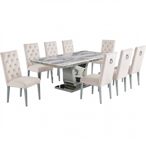 D13 9 Piece Dining in White Marble, Stainless Steel & Cream Velvet