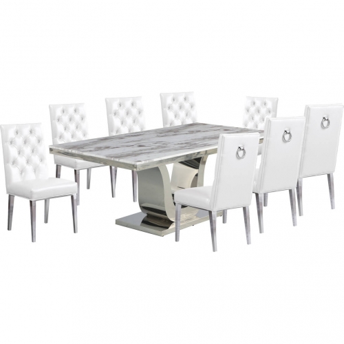 D13 9 Piece Dining in White Marble, Stainless Steel & White Leatherette