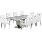 D13 9 Piece Dining in White Marble, Stainless Steel & White Leatherette