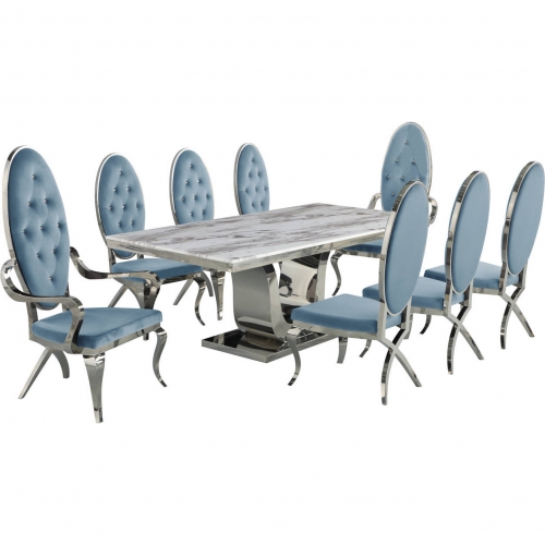 D13 9 Piece Dining Set in White Marble, Stainless Steel & Teal Velvet