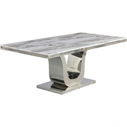 D13 78" Dining Table in White Marble & Silver Stainless Steel