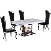 D14 5 Piece Dining Set in White Marble, Stainless Steel & Black Velvet