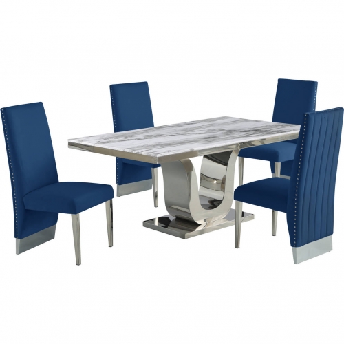 D14 5 Piece Dining Set in White Marble, Stainless Steel & Navy Blue Velvet