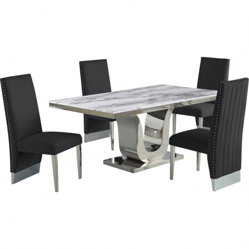 D14 5 Piece Dining Set in White Marble, Stainless Steel & Black Velvet