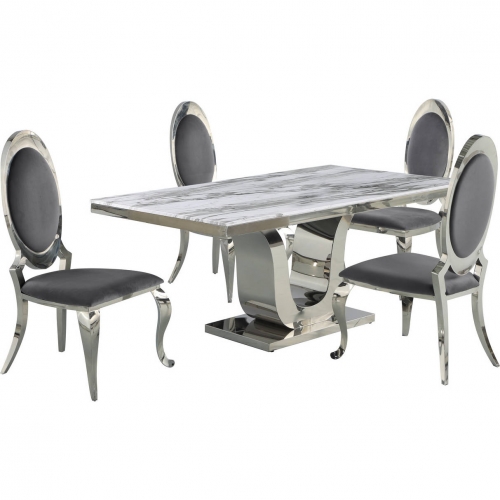 D14 5 Piece Dining Set in White Marble, Stainless Steel & Gray Velvet