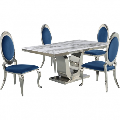 D14 5 Piece Dining Set in White Marble, Stainless Steel & Navy Blue Velvet