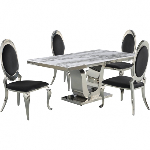 D14 5 Piece Dining Set in White Marble, Stainless Steel & Black Velvet