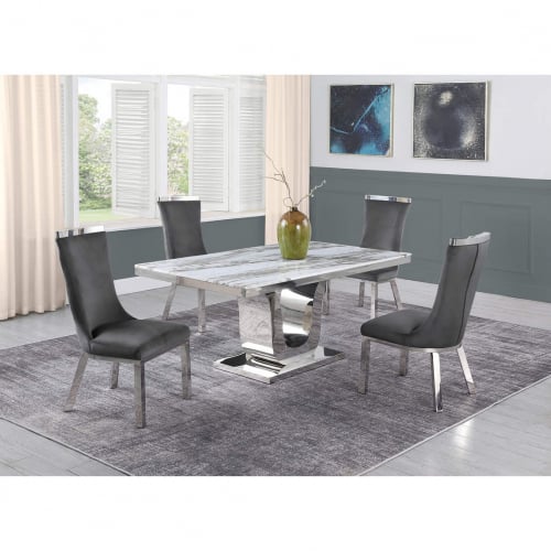 D14 5 Piece Dining Set in White Marble, Stainless Steel & Dark Gray Velvet