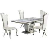 D14 5 Piece Dining Set in White Marble, Stainless Steel & White Leatherette