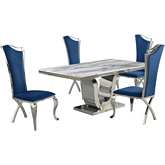 D14 5 Piece Dining Set in White Marble, Stainless Steel & Navy Blue Velvet