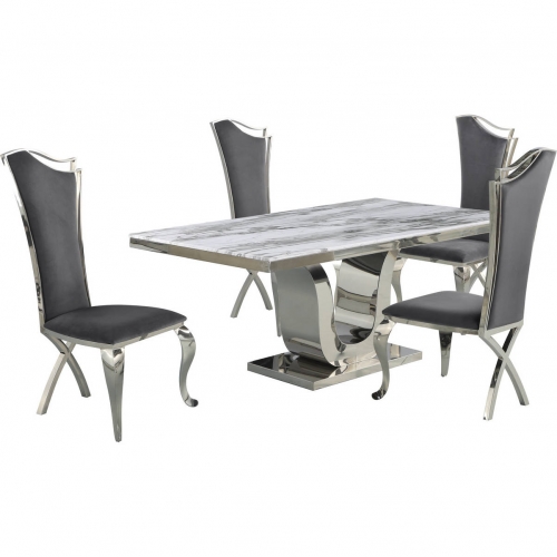 D14 5 Piece Dining Set in White Marble, Stainless Steel & Gray Velvet