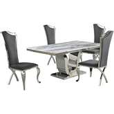 D14 5 Piece Dining Set in White Marble, Stainless Steel & Gray Velvet