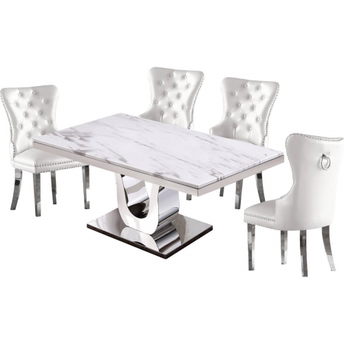 D14 5 Piece Dining Set in White Marble, Stainless Steel & White Leatherette