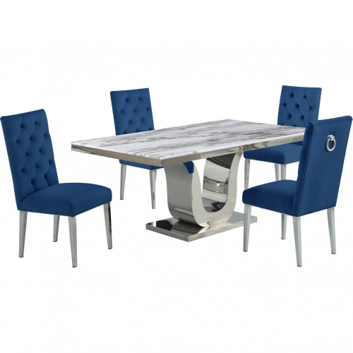 D14 5 Piece Dining Set in White Marble, Stainless Steel & Navy Blue Velvet