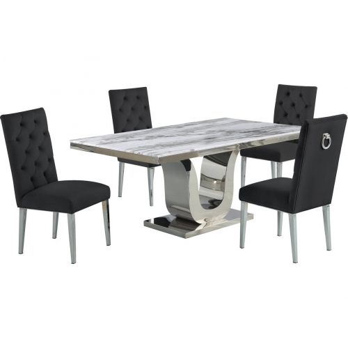 D14 5 Piece Dining Set in White Marble, Stainless Steel & Black Velvet