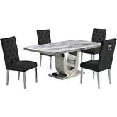 D14 5 Piece Dining Set in White Marble, Stainless Steel & Black Velvet