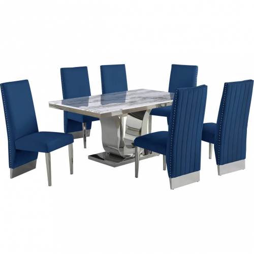 D14 7 Piece Dining Set in White Marble, Stainless Steel & Navy Blue Velvet