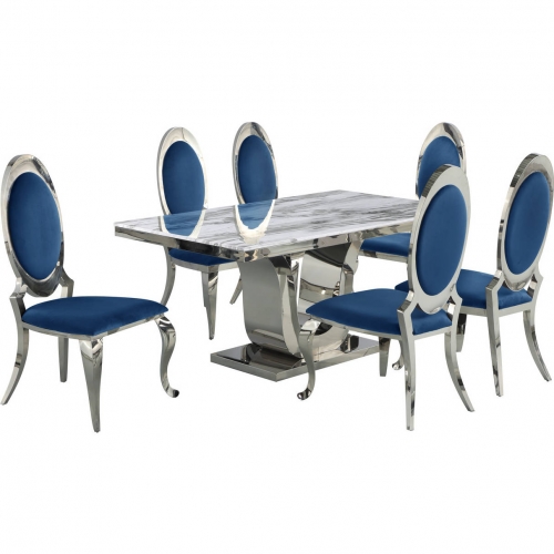 D14 7 Piece Dining Set in White Marble, Stainless Steel & Navy Blue Velvet