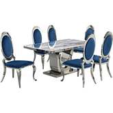 D14 7 Piece Dining Set in White Marble, Stainless Steel & Navy Blue Velvet