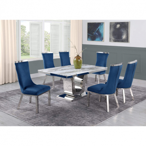 White Marble 7 Piece Dining Set with Silver Stainless Steel and 6 Chairs Navy Blue Velvet