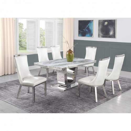 White Marble 7 Piece Dining Set with Silver Stainless Steel and 6 Chairs White Faux Leather